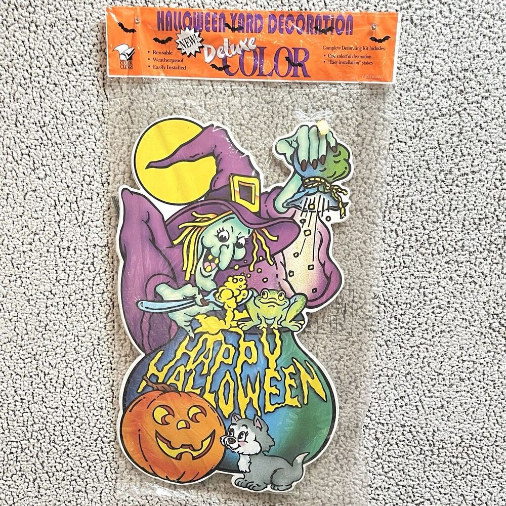 VTG Halloween Witch Cauldron Yard Art Decoration 25” Plastic Sign Steak 1994 NOS